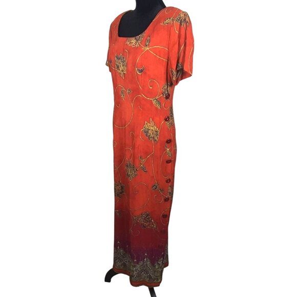 Vintage S.L. Fashions Womens Orange Floral Midi Dress Size 8 Side Buttons Casual - Picture 4 of 10